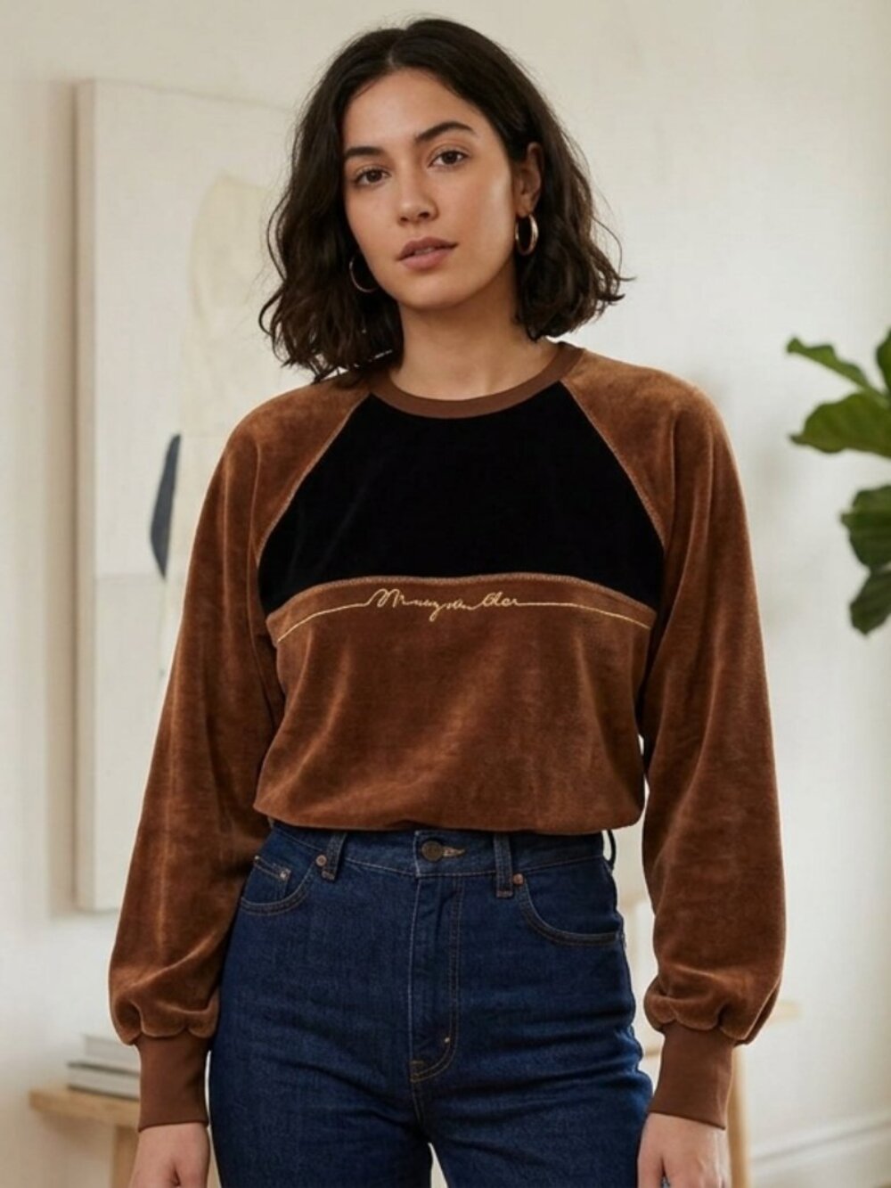 Sonia Rykiel Brown and Black Vintage Velour Crewneck Sweater size M